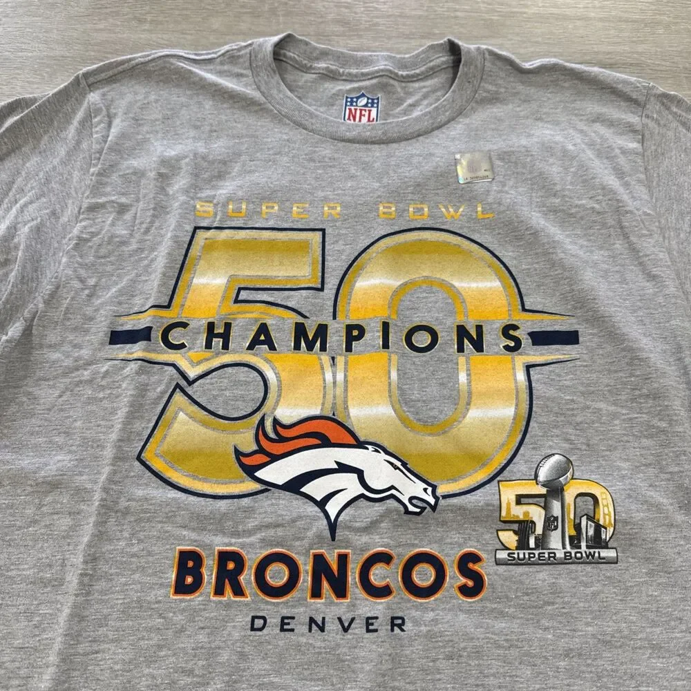 Denver Broncos Shirt Super Bowl 50 Champions NFL Men's Gray Tee Medium